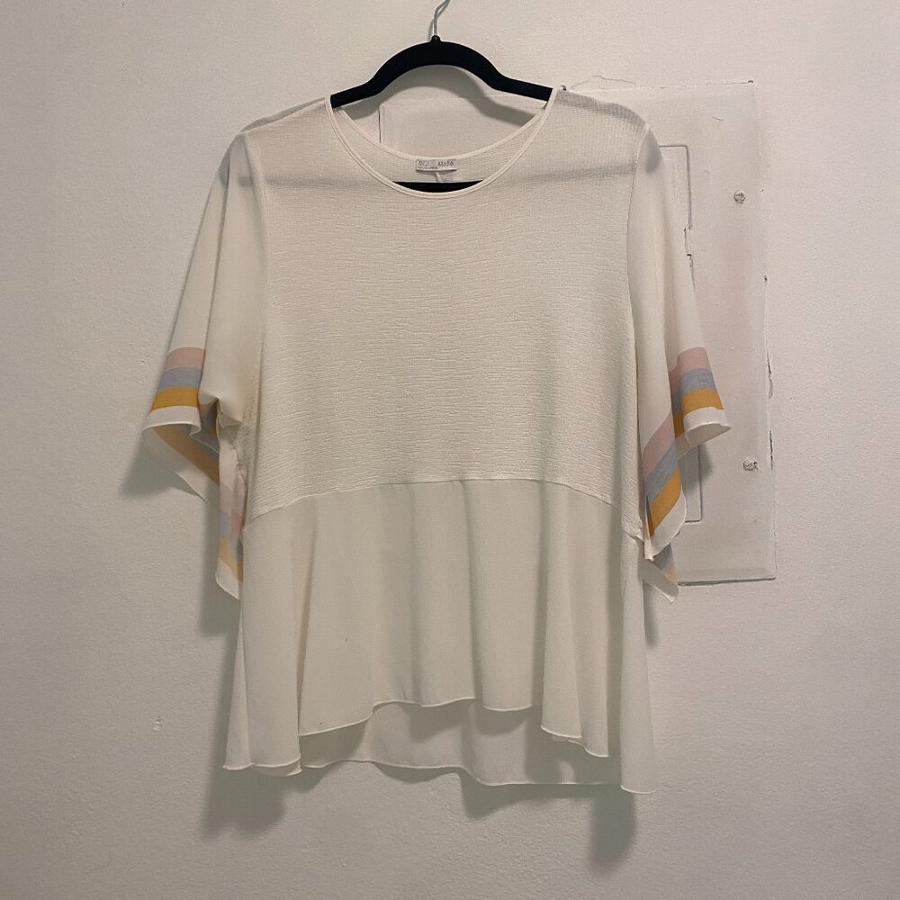 Zara WB Collection Women's Ivory Textured Blouse Colorblock Sleeves Size Large